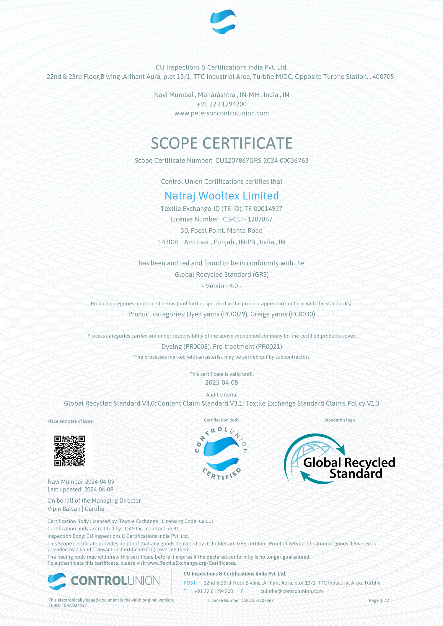 Global Recycled Standard (GRS) Scope Certificate