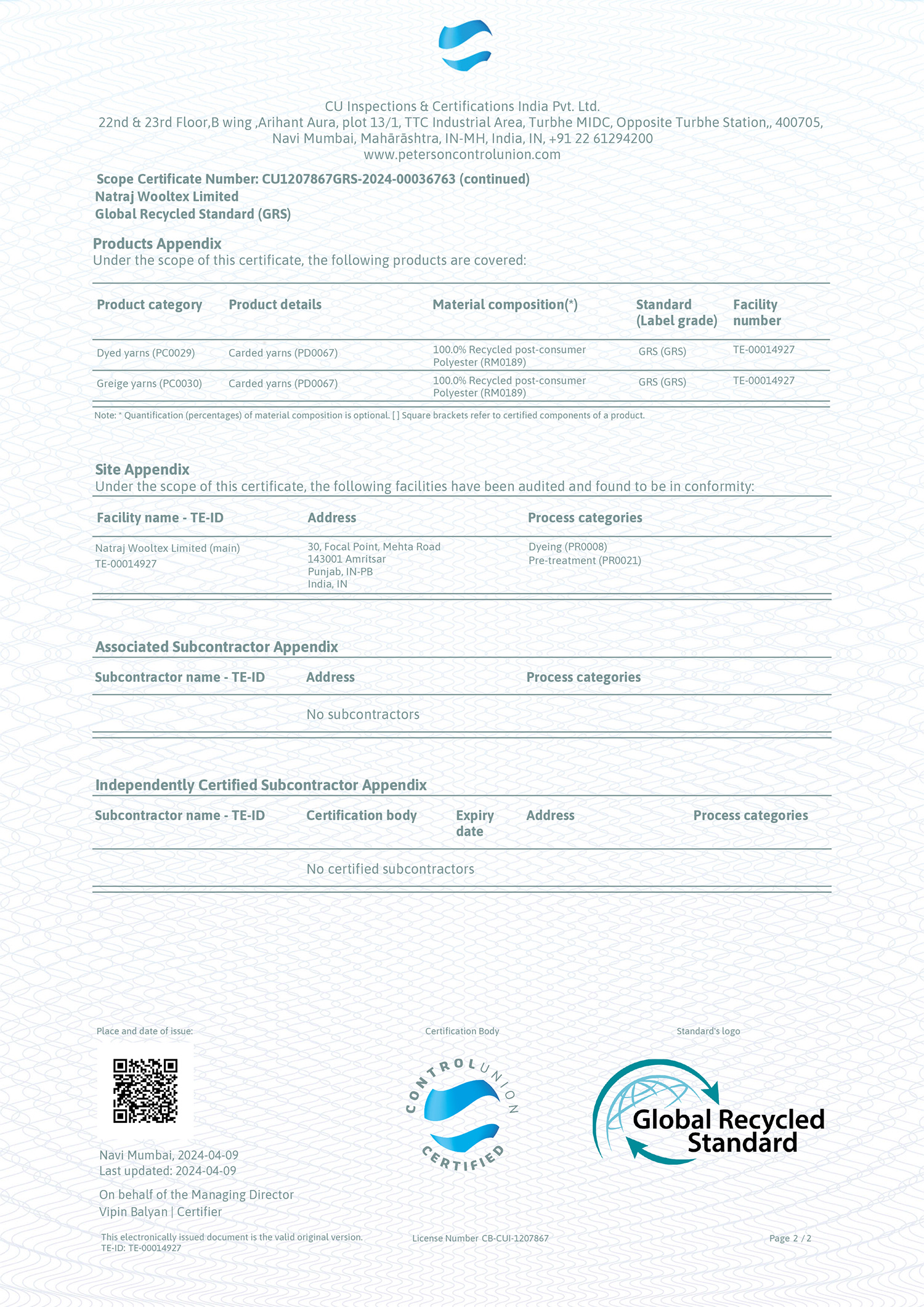 Global Recycled Standard (GRS) Scope Certificate